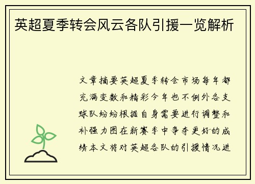 英超夏季转会风云各队引援一览解析