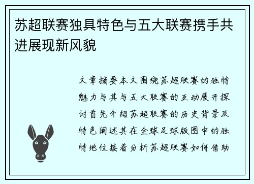 苏超联赛独具特色与五大联赛携手共进展现新风貌